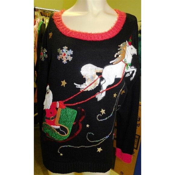 7/1124 Ugly Sweater 33 Degrees Large ~ Unicorn and Santa - Picture 1 of 2